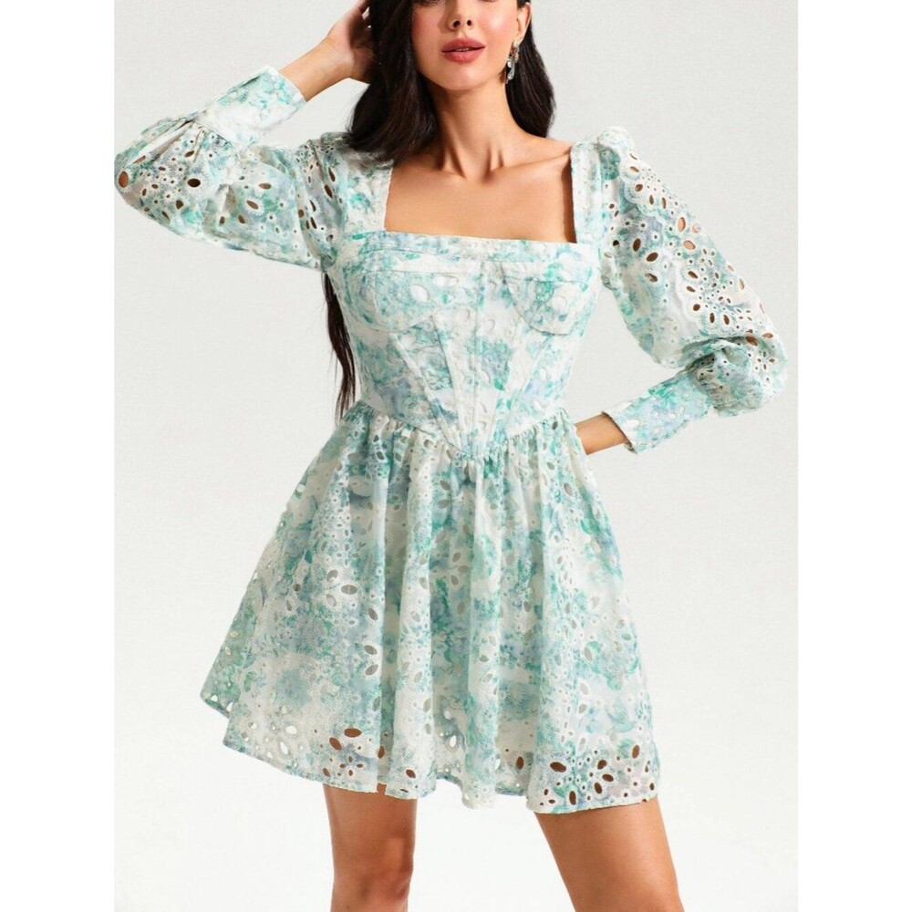 Jardinvue Floral Eyelet Mini Corset Dress Puff Sleeve Square Neck NWT S